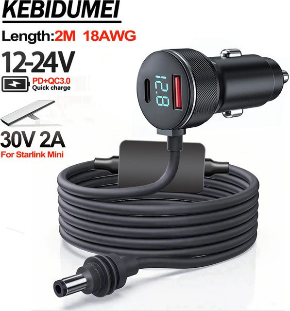Kebidumei Wasserdichtes Starlink Mini-Netzteil Aufwärtswandler 12 V-24 V auf 30 V 2 A mit QC3.0 und PD-Typ-C-Telefonladegerät sowie digitalem Voltmeter in Schwarz - Bild 1