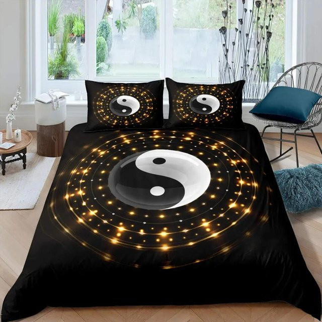 Lodestar Yin Yang Bettbezug Set mit Kissenbezügen in Schwarz, Boho Trippy Art Design aus Polyester und Mikrofaser, B/H: 70 x 133 cm - Bild 1