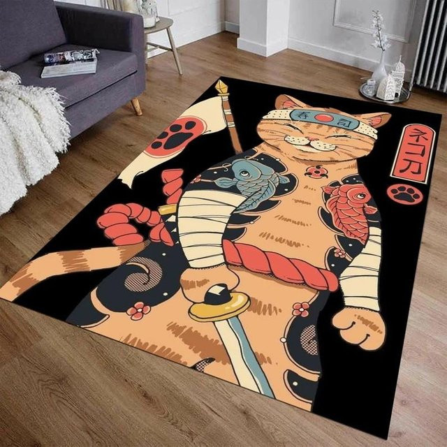 Japanischer Anime Katzen Teppich von Lodestar, bunter Kurzflor-Teppich für Wohnzimmer oder Schlafzimmer, B/B: 80 x 120 cm - Bild 1