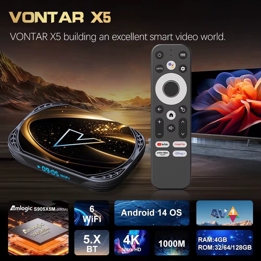 VONTAR X5 TV-Box Android 14 mit Amlogic S905X5M, 4GB RAM, 128GB Speicher, 4K UHD, AV1, WiFi6 und LAN, Schwarz - Bild 2