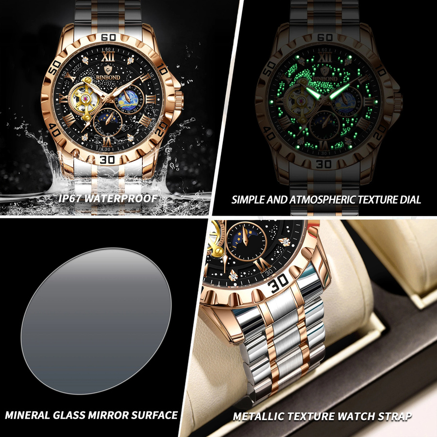 BINBOND Armbanduhr Automatik, Mondphase, Edelstahl, Schwarz, Herren - Bild 5