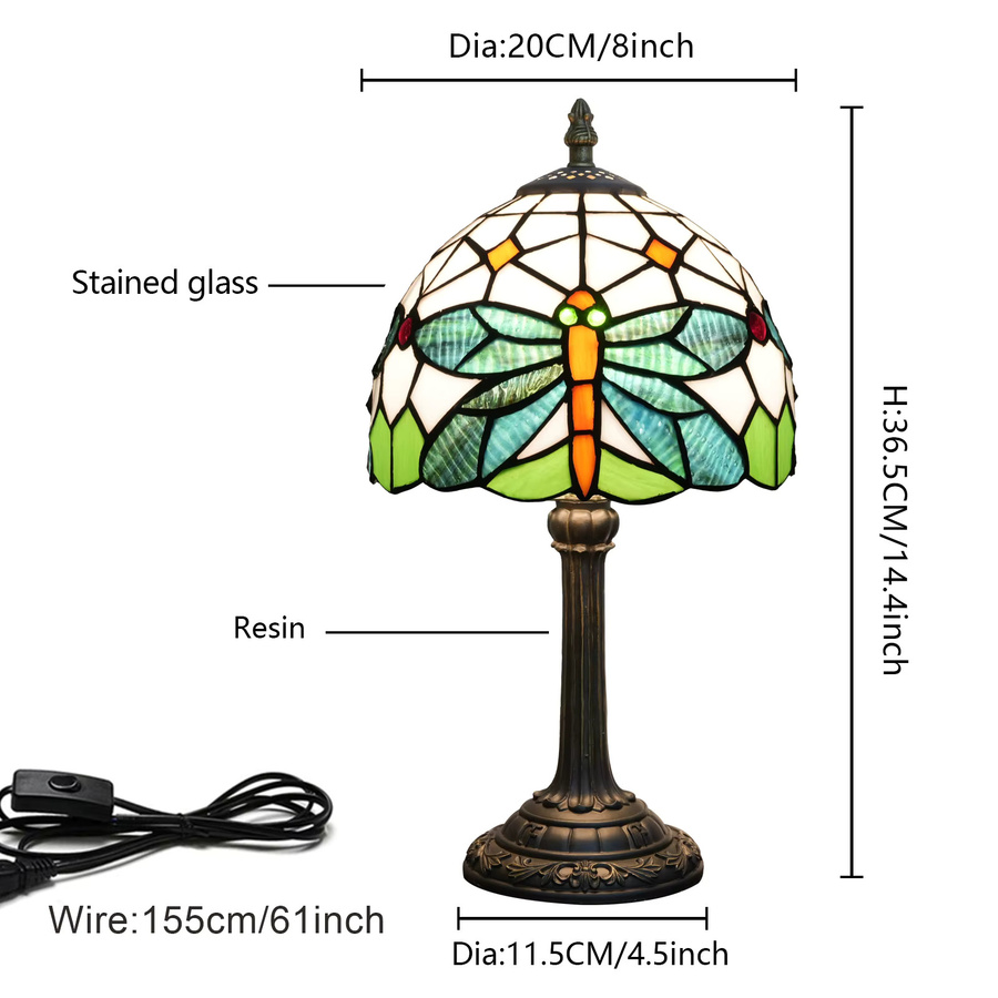 Retro Stehglas-Tischlampe mit grünem Libellen-Design aus Glas und Metall, 20,32 cm Durchmesser - Bild 3