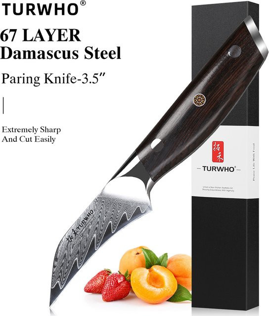 TURWHO Professionelles Schälmesser aus 67-lagigem Damaststahl mit Holzgriff, 3,5 Zoll für Obst und Gemüse - Bild 1