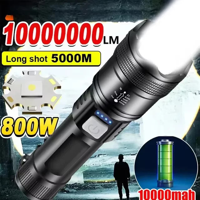 KDULIT P70 LED Taschenlampe in Schwarz mit 5000 lm, USB wiederaufladbar, taktisches Aluminium-Licht mit Teleskop-Zoom und eingebautem Akku - Bild 1