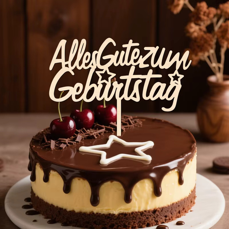 YOMDID Holz Kuchen Topper Alles Gute zum Geburtstag mit Stern-Design in Braun - Bild 2