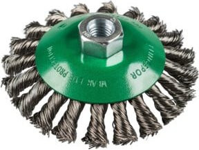 Klingspor Kegelbürste aus Edelstahl mit M14 Gewinde, Farbe Silber/Grün, Durchmesser: 100 mm - Bild 1