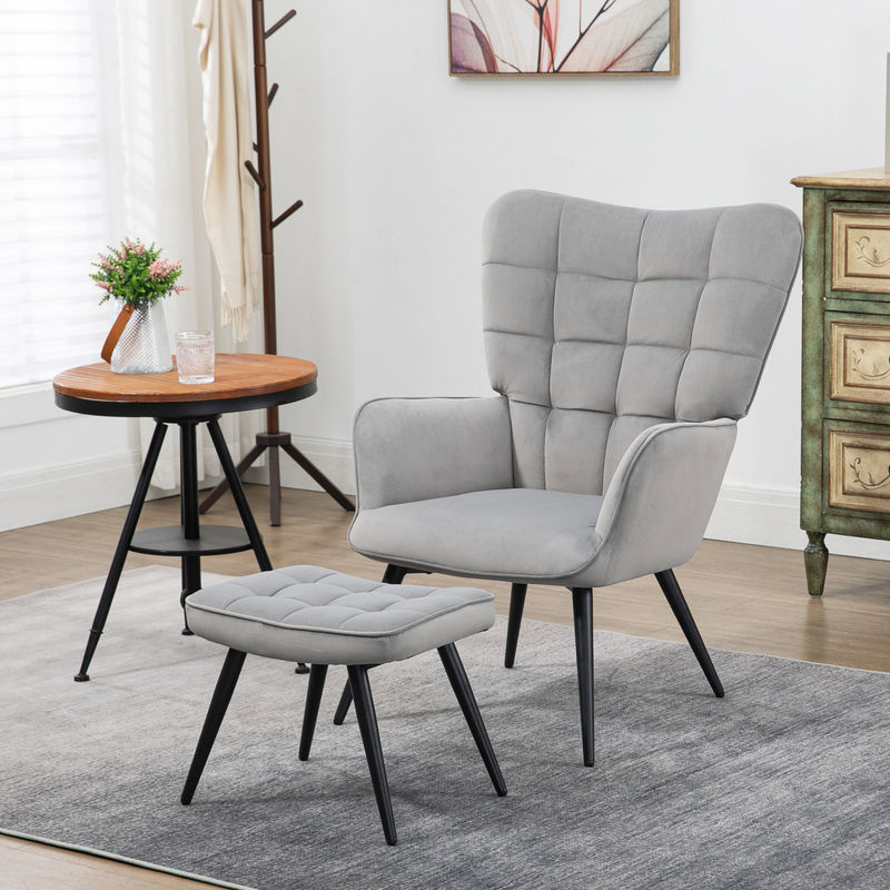 HOMCOM Ohrensessel mit Hocker in Hellgrau, moderner Relaxsessel mit Samtoptik und Metallgestell für Wohnzimmer und Esszimmer - Bild 2