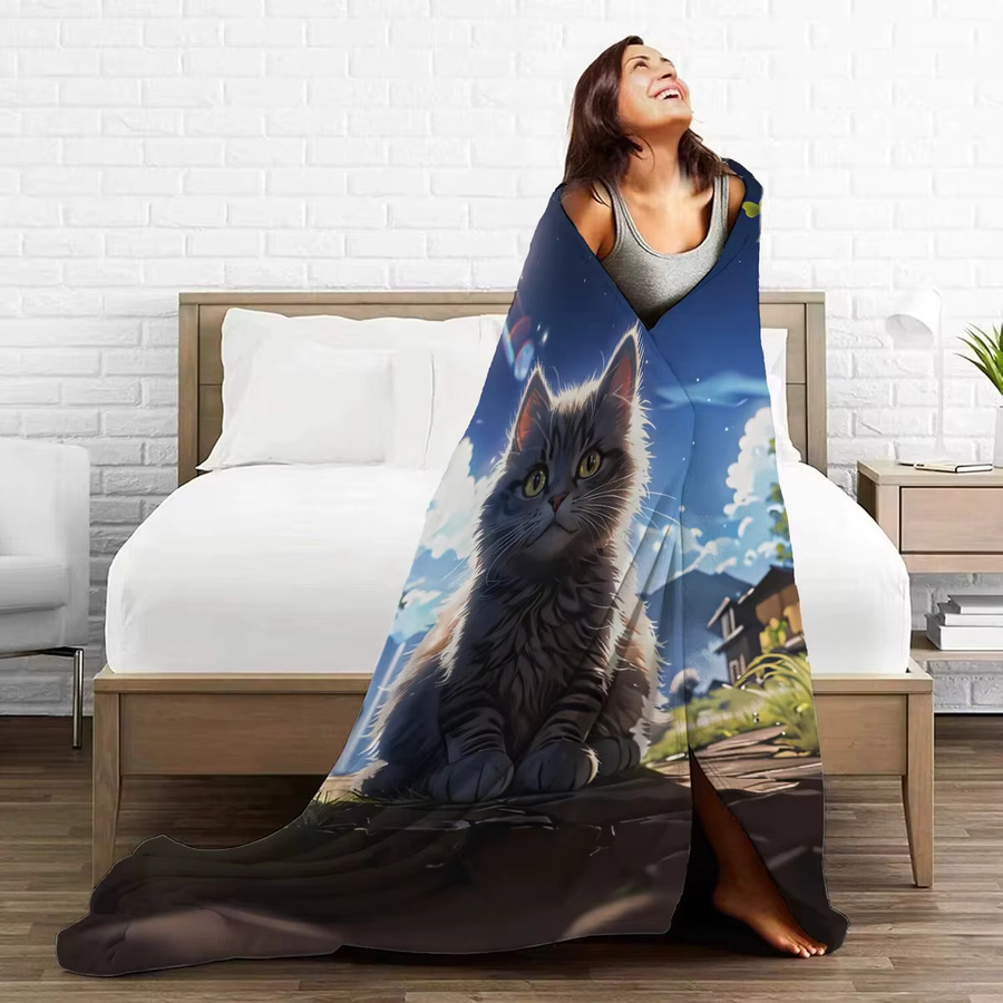 VIKAMA Luxus-Plüschdecke mit Sternenhimmel und Katzen-Motiv, superweich und warm für alle Jahreszeiten, B/B/H: 240 x 225 x 0 cm - Bild 2
