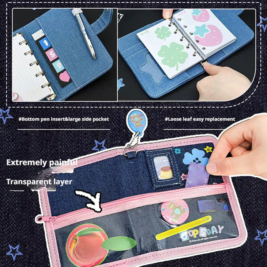 Blaues Denim-Notizbuch mit Kleeblatt-Muster und Anhänger im Kawaii-Design - Bild 3