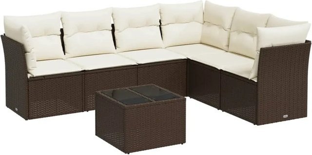 vidaXL 7-tlg. Garten-Sitzgruppe in L-Form aus Polyrattan mit Kissen, Braun - Bild 1