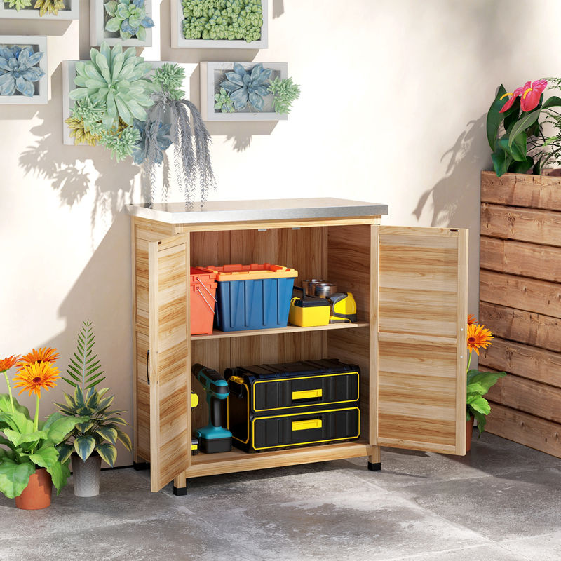 Outsunny Gartenschrank aus Fichtenholz und verzinktem Stahl mit internem Regal und Arbeitsbank, Farbe: Braun, B/T/H: 79 x 43 x 92 cm - Bild 2