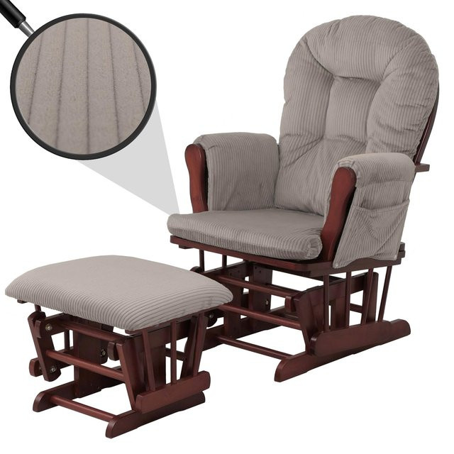 MCW Relaxsessel C76 mit Hocker aus Cord in Hellgrau und dunklem Holzgestell - Bild 1