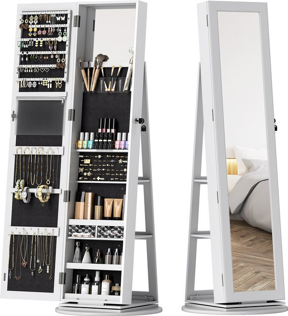 HOMCOM Schmuckschrank 3-in-1 mit Ganzkörperspiegel und Schlüsselverschluss, 360 Grad drehbar, Weiß, B/T/H: 55 x 55 x 161 cm, Aosom - Bild 1