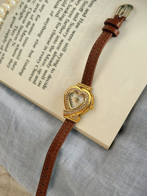 LSVTR Damen-Quarzuhr, herzförmiges Zifferblatt, Diamant, braunes Lederarmband - Bild 1