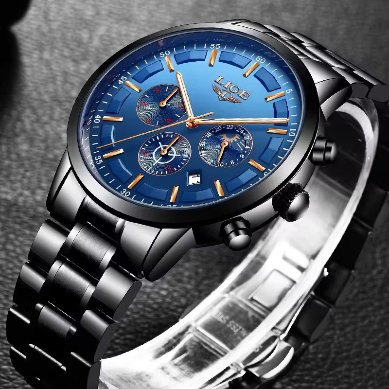 LIGE Armbanduhr Chronograph, Quarz, Edelstahl, Schwarz, Herren - Bild 2