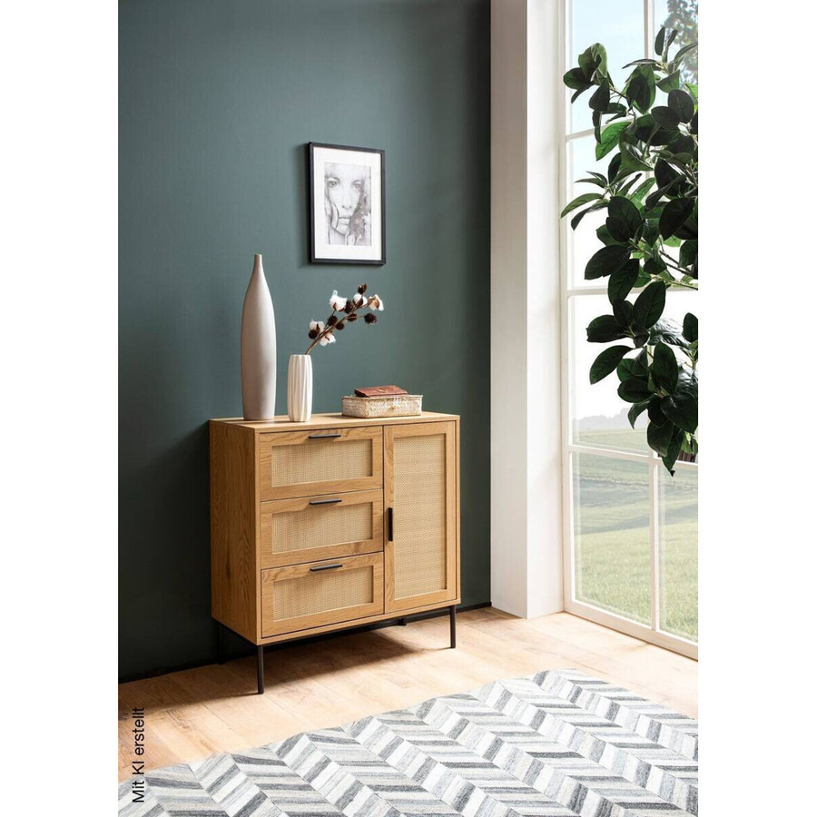 Wohnling Sideboard in Eiche Optik mit Rattan-Elementen, Farbe Natur/Schwarz, B/H/T: 80 x 82 x 36 cm - Bild 4