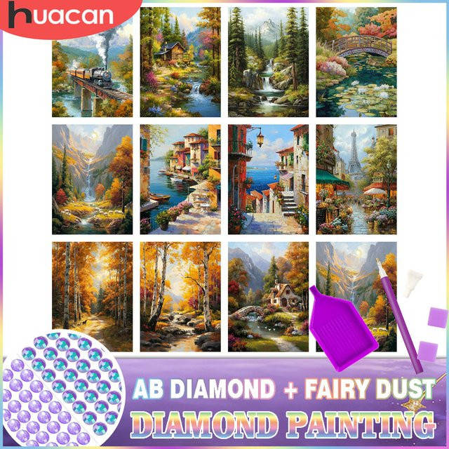 HUACAN Diamantmalerei Waldlandschaft mit Haus und Feenstaub, Mosaik-Set für Erwachsene, Rund, Mehrfarbig - Bild 1