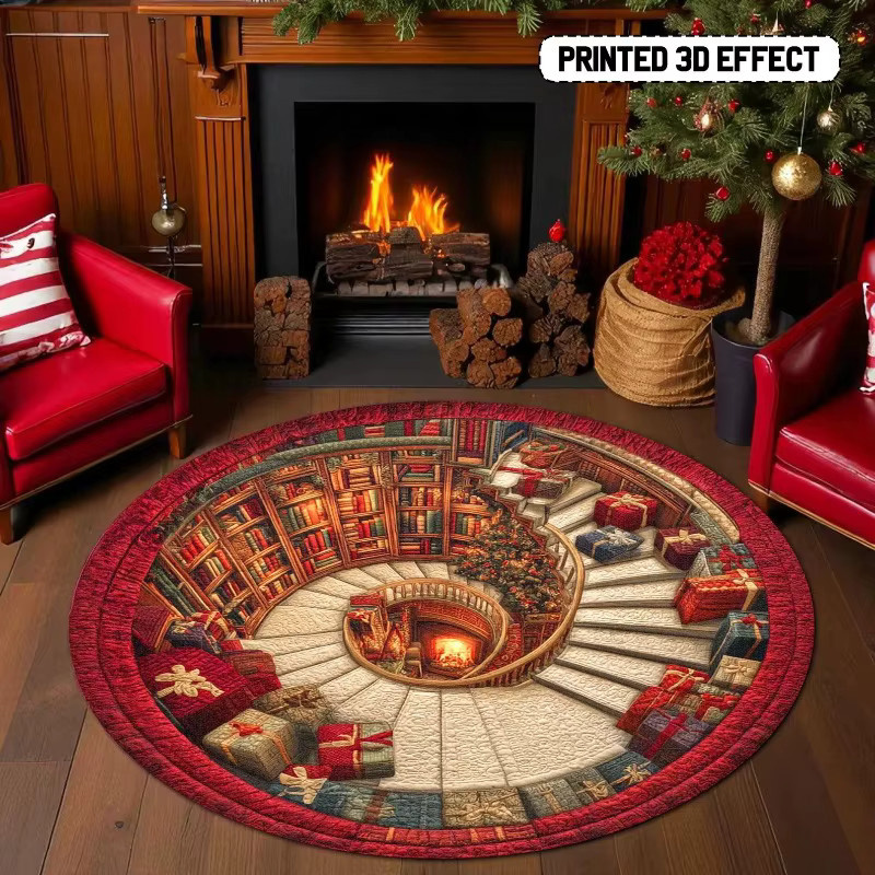 Runder 3D-Weihnachtsteppich mit Buchbibliothek-Design, festliche Bodenmatte in Multicolour mit Geschenken und Weihnachtsbaum - Bild 3