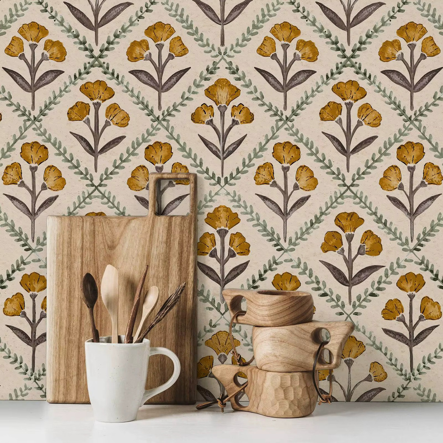 Pixel&Wall Vliestapete mit gelben Blumen in traditionellem floralem Design - Bild 2