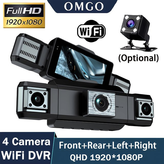 OMGO 4-Kanal Dash Cam mit 360 Grad Rundumschutz, Full HD 1080P Auto DVR mit WIFI App-Steuerung und Rückfahrkamera, Schwarz - Bild 1
