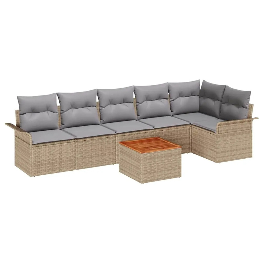 vidaXL 7-teiliges Garten-Sofa-Set aus Akazie und Polyrattan in Beige-Grau mit Kissen und Stauraum - Bild 2