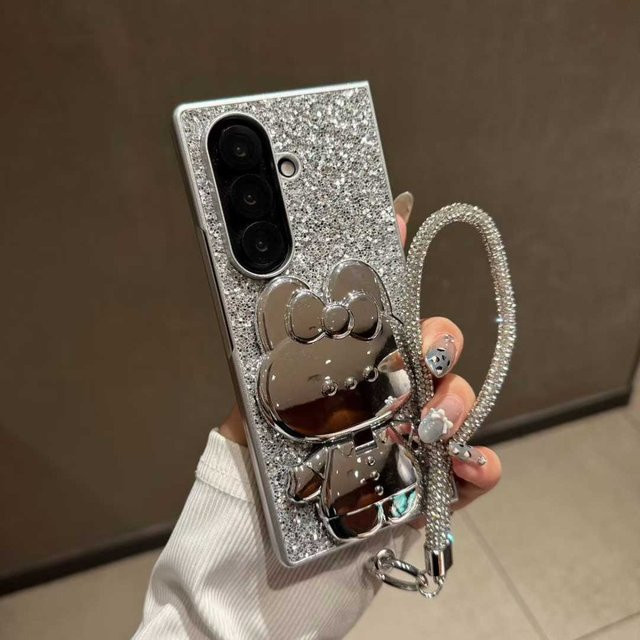 Elegante Glitzer-Schutzhülle für Samsung Galaxy Z Fold 7 6 5 4 3 mit Handschlaufe und Spiegel-Ständer in Silber - Bild 1
