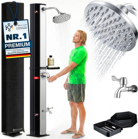 KESSER Solardusche für Garten und Camping mit 40-60 Litern, Regenduschkopf, Metall-Duschablage und Schutzhaube in Schwarz