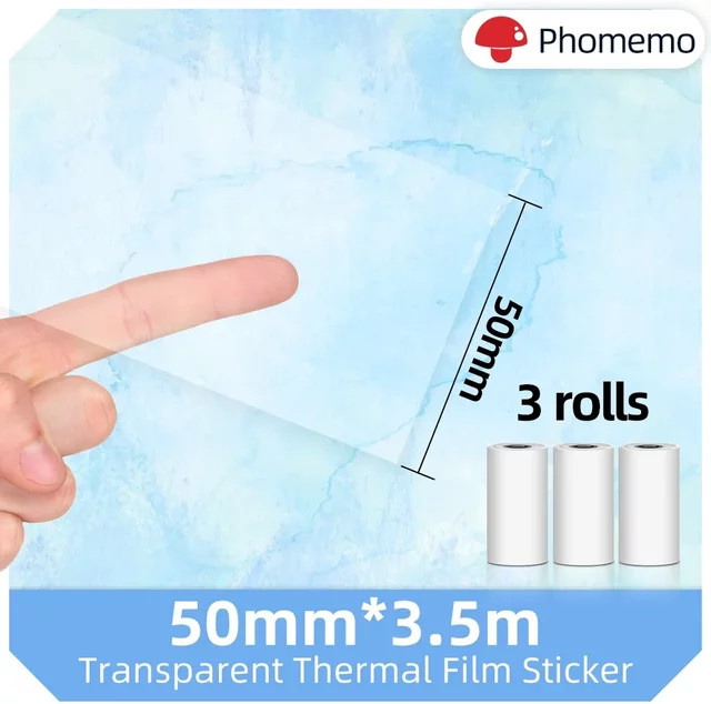 Phomemo Transparentes Selbstklebendes Thermopapier BPA-frei für Mini Tragbare Drucker M02 M03AS M04AS, 3 Rollen, Breite: 50 mm, Länge: 3,5 m pro Rolle - Bild 1