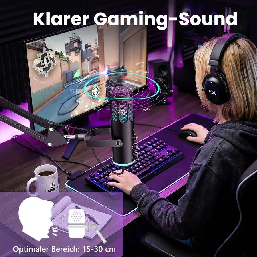 PUPGSIS USB-Kondensatormikrofon für PC, PS4/5 und Mac in Schwarz mit Geräuschunterdrückung, Stummschaltung, Reverb, verstellbarem Schwenkarm und Pop-Filter - Bild 3