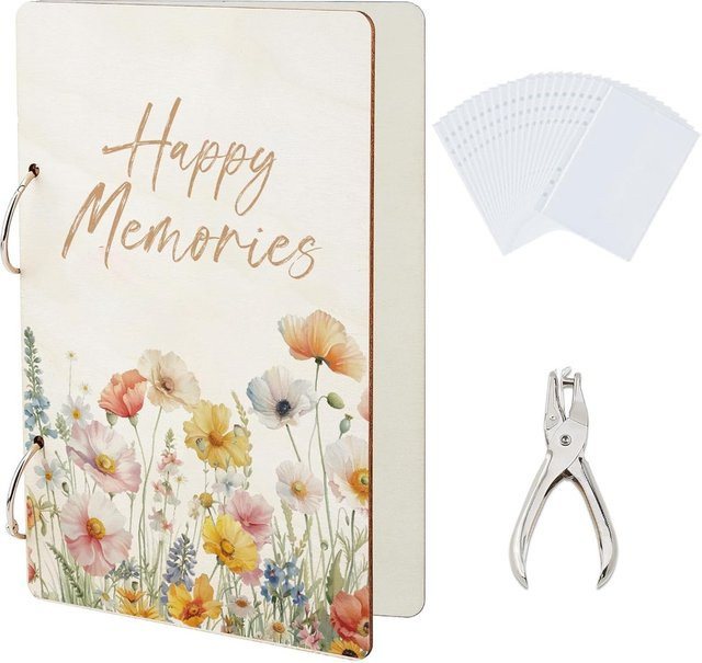 Happy Memories Grußkarten-Organizer aus Holz mit Aquarell-Blumen-Design, Mehrfarbig, 2 Ringe - Bild 1