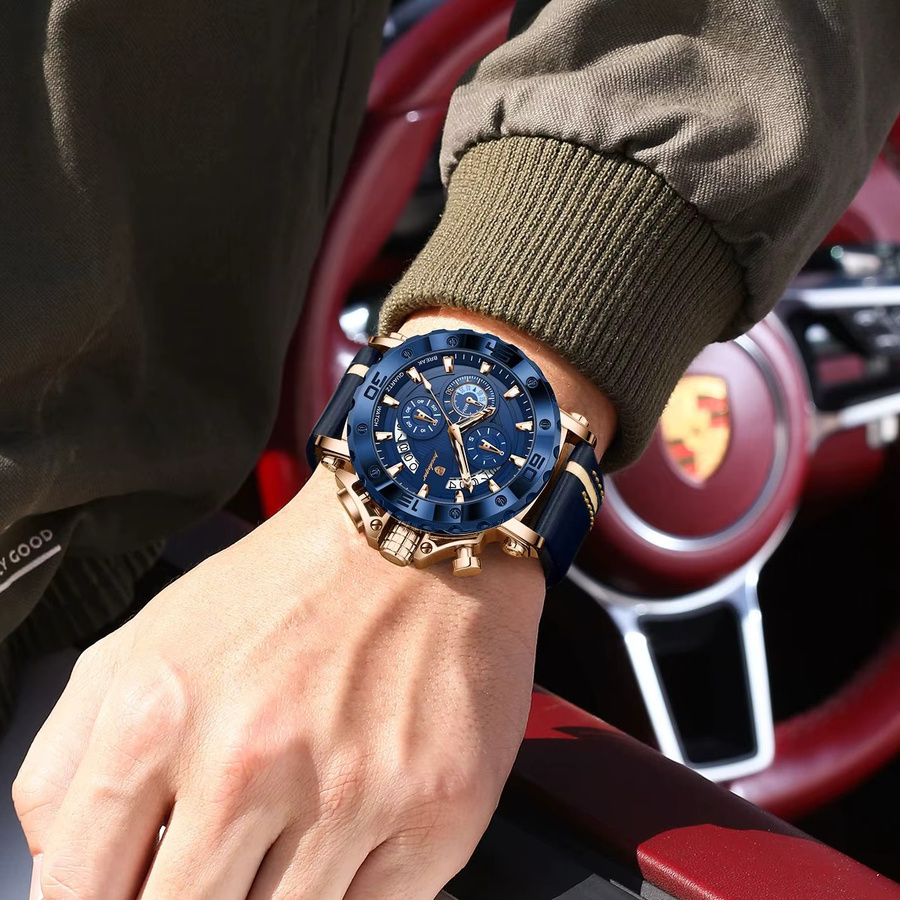 POEDAGAR Armbanduhr Chronograph, Quarz, Leder, Blau, Herren - Bild 6