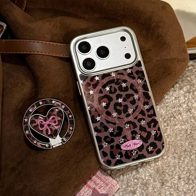 Apple iPhone Handyhülle mit koreanischem Leopardenmuster, Sternen und Falt-Herz-Design, stoßfeste Hartschale, multicolor, kompatibel mit iPhone 17 16 15 14 13 12 Pro Max - Bild 1