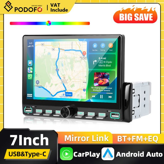 Podofo 1Din Kabelloses Carplay und Android Auto Autoradio mit Bluetooth, Wi-Fi und Mirror Link in Schwarz - Bild 1