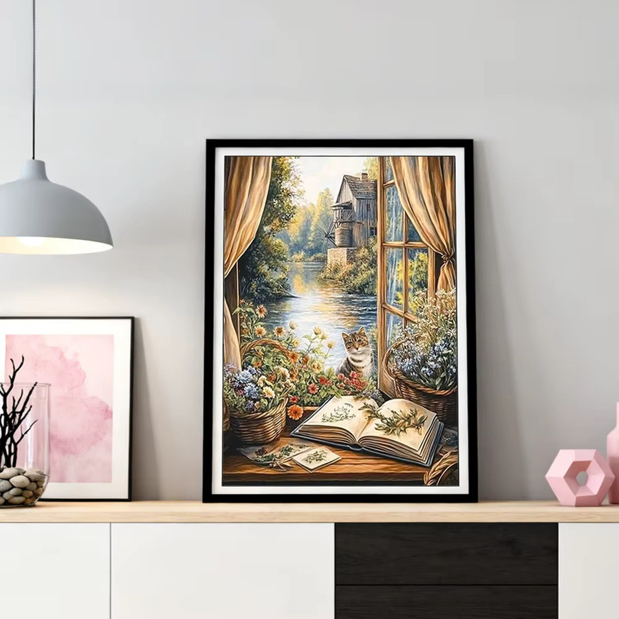 HUACAN Diamantmalerei Set Haus Landschaft mit Katze und Buch, Rundes Perlen Kunst-Set in Multicolour, B: 20 cm, H: 20 cm - Bild 2