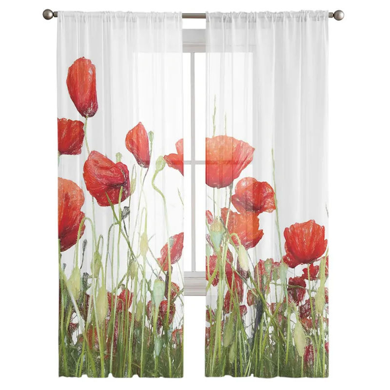 A Family Of Home Textiles Mohnblumen-Tüllvorhang mit floralem Design, transparent, weiß, B: 135 cm, H: 244 cm - Bild 4