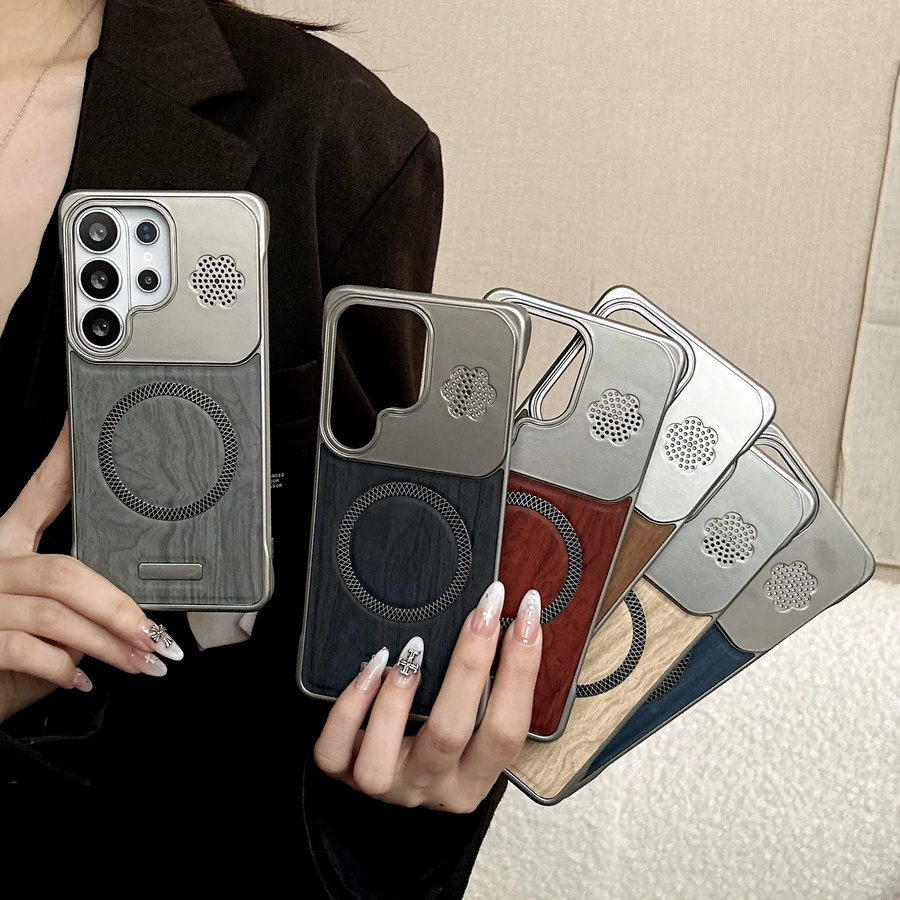 Magnetische Lederhülle mit Holzstruktur für Samsung Galaxy S26 Ultra und S26 Plus in Grau - Bild 5