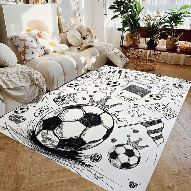 Waschbarer Fußball Bereichsteppich von HGHT in Weiß für Wohnzimmer, Schlafzimmer oder Kinderzimmer, B/T: 60 x 90 cm - Bild 1