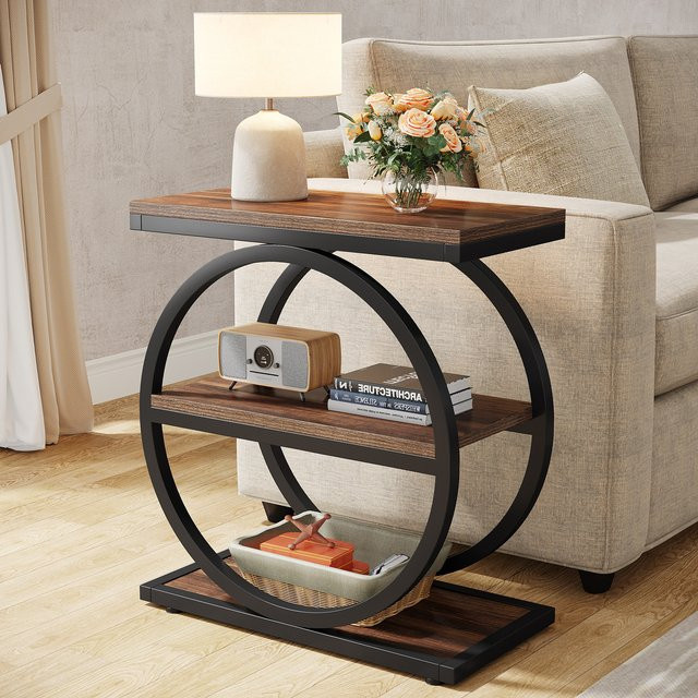 Tribesigns 3-stöckiger Beistelltisch im Industrial-Design aus Holz und Metall, Farbe: Braun/Eiche mit schwarzem Rahmen - Bild 1