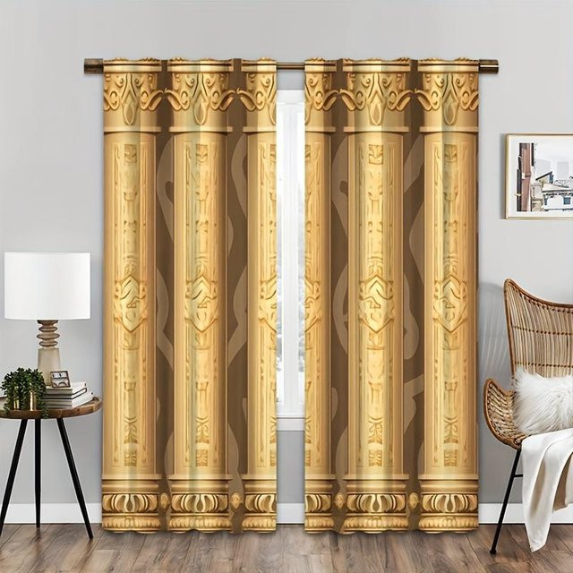 2er-Set Dekorative Vorhänge im Retro-Stil von Yiran Furniture, Gold, halbtransparent, B: 200 cm, H: 240 cm - Bild 1