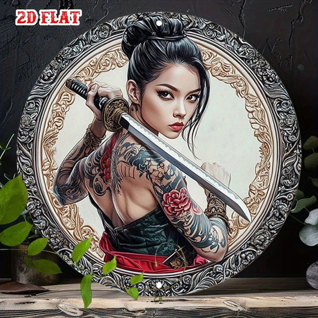 Potdemiel Rundes Aluminiumschild Kriegerin mit Schwert Metallwandkunst im Boho-Stil Durchmesser: 19,99 cm - Bild 1
