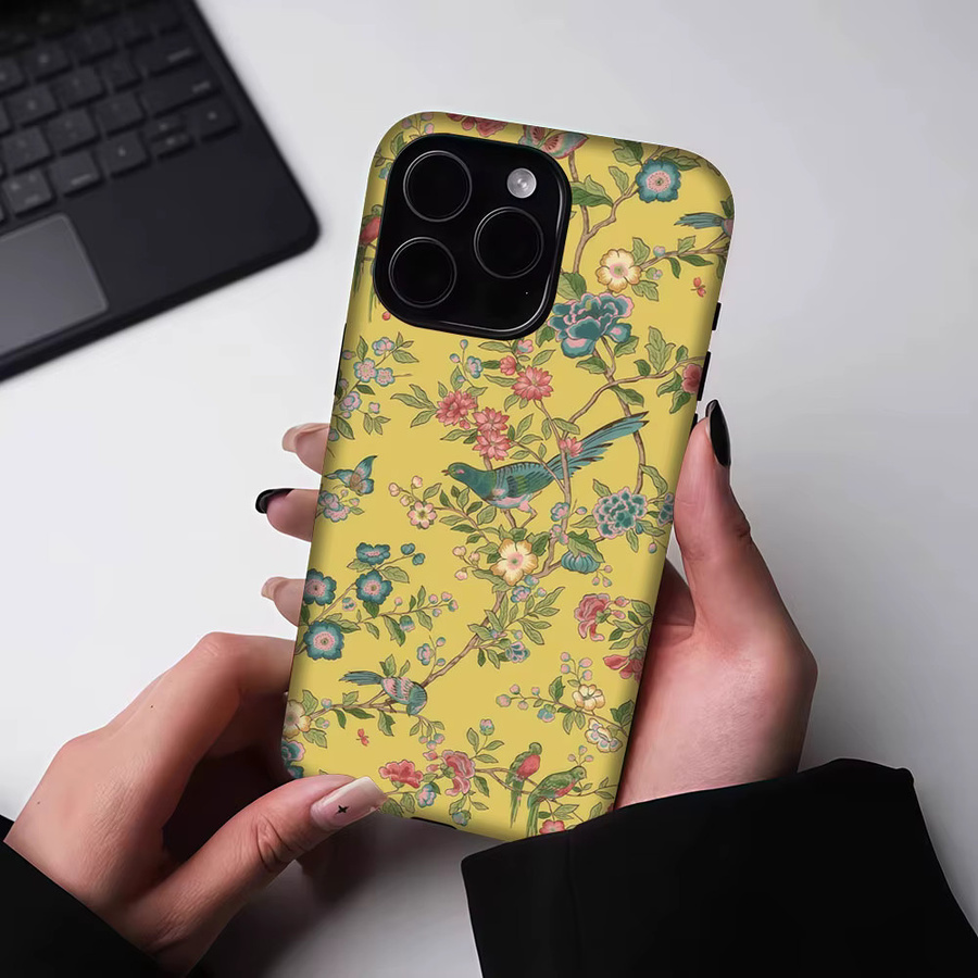 Aurbe Matte 2-in-1 MagSafe Hülle mit Vintage Blumen & Vogel Design für iPhone 17 16 15 14 Plus Pro Max, Gelb, Stoßfeste Hartschale - Bild 5