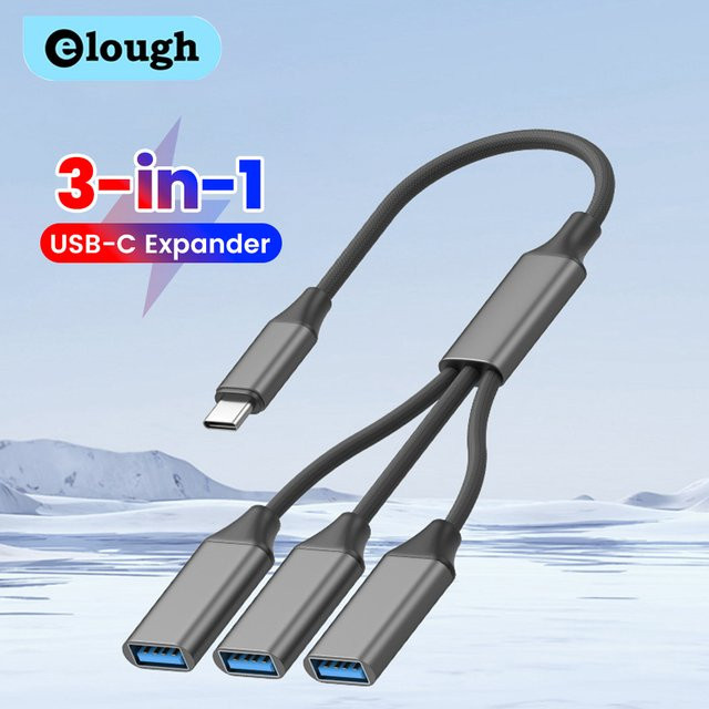 elough 3-in-1 USB-Splitterkabel Adapter in Silber mit USB-A und USB-C Anschlüssen für PC, Drucker und U-Disk - Bild 1