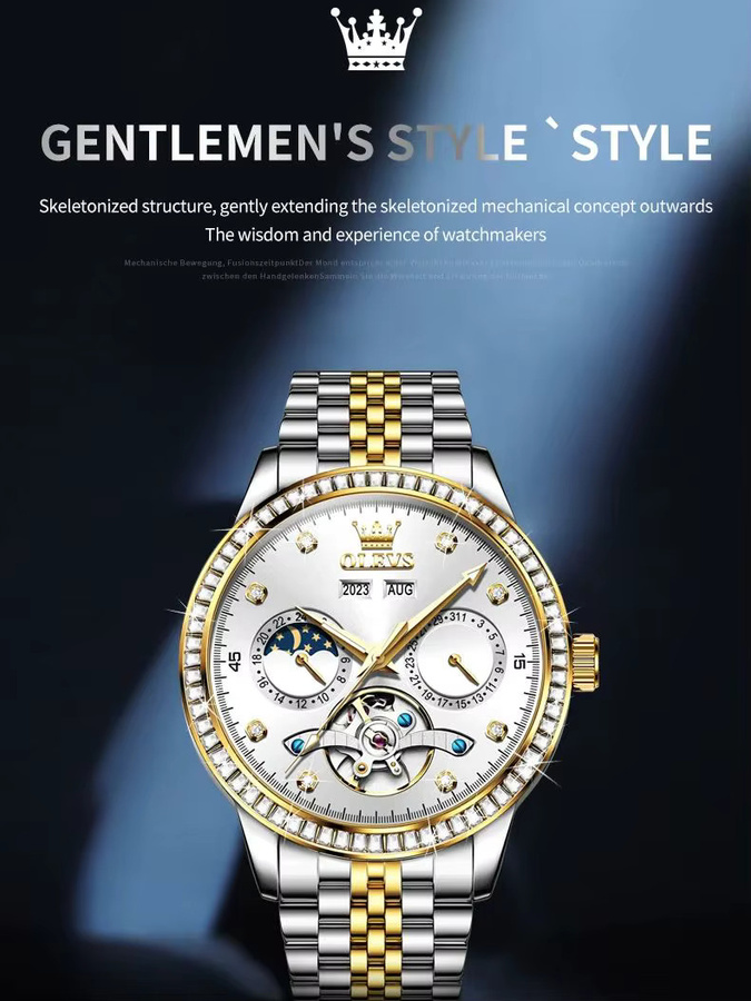 OLEVS Armbanduhr Automatik, Edelstahl, Bicolor, Diamant, Herren - Bild 7