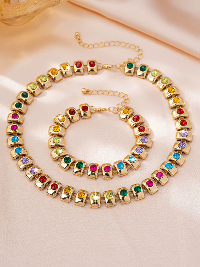 Schmuck-Set Armband und Halskette, Gold, Messing, Diamant, Kristall, Damen - Bild 2