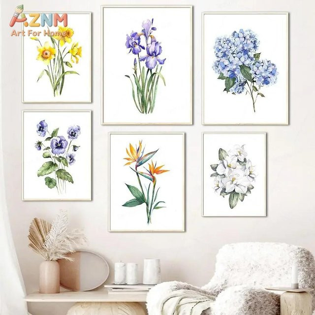 AZNM Wandbild mit blauem Wildblumen-Motiv aus Iris und Hortensien als moderner Leinwanddruck für deine Dekoration - Bild 1