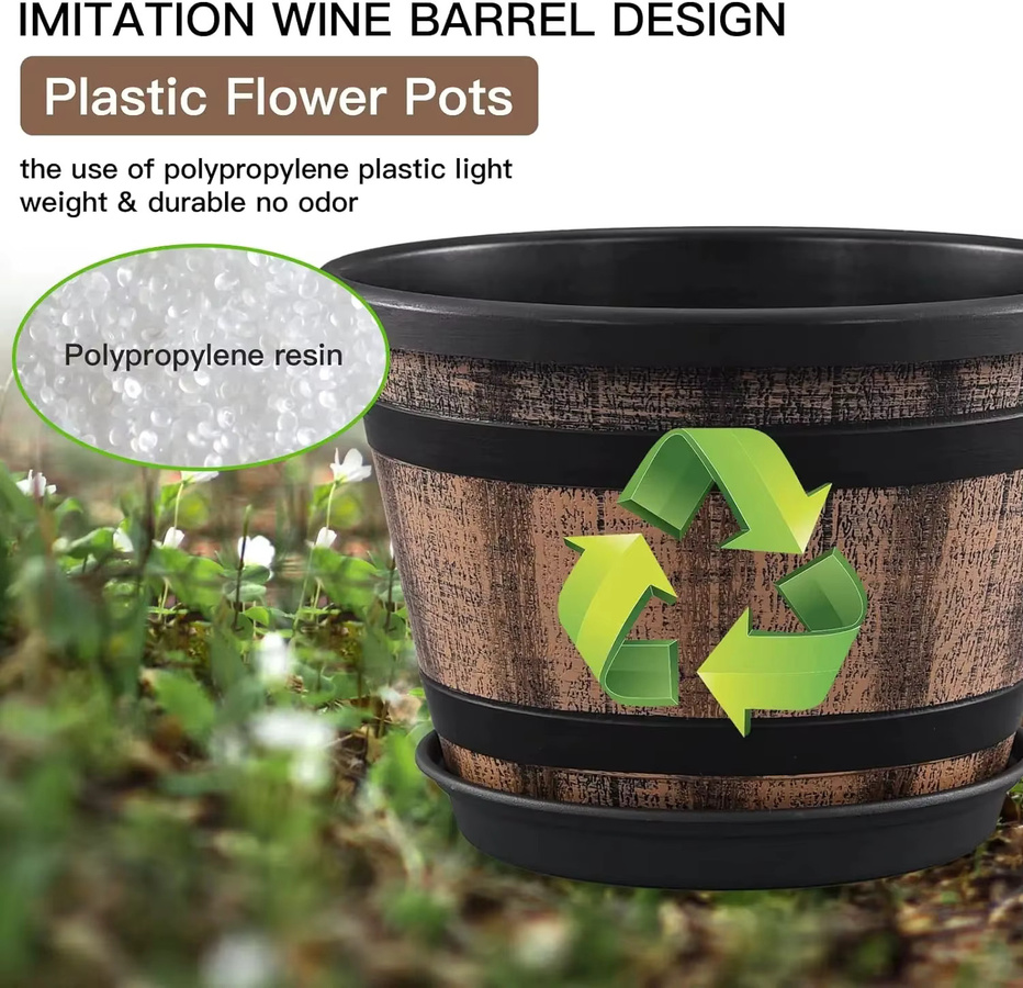 Braunes Kunststoff-Pflanzgefäß in Weinfass-Optik für Garten und Innenbereich - Bild 4