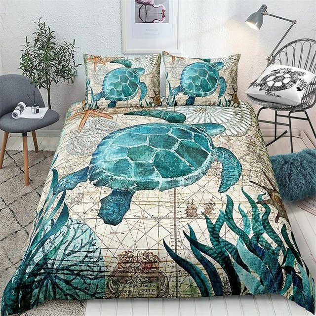 Bettwäsche-Set Meeresschildkröte in Türkis mit Meeresleben-Motiv aus Polyester, B/H: 135 x 200 cm - Bild 1