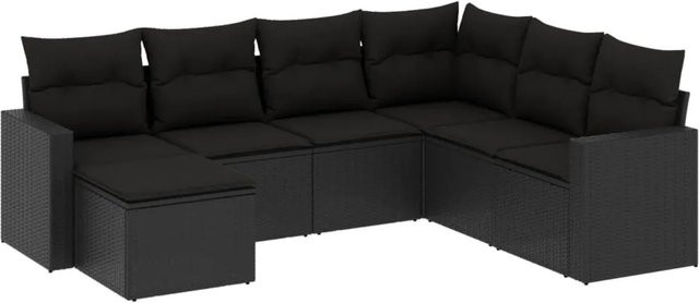 vidaXL 7-tlg. Garten-Sofagarnitur in L-Form aus schwarzem Poly-Rattan mit Kissen und pulverbeschichtetem Stahlgestell - Bild 1