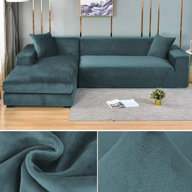 Elastischer Samt-Sofabezug für Ecksofas in Petrol von Your Warm Home, 2-Sitzer, Breite: 145-185 cm - Bild 1