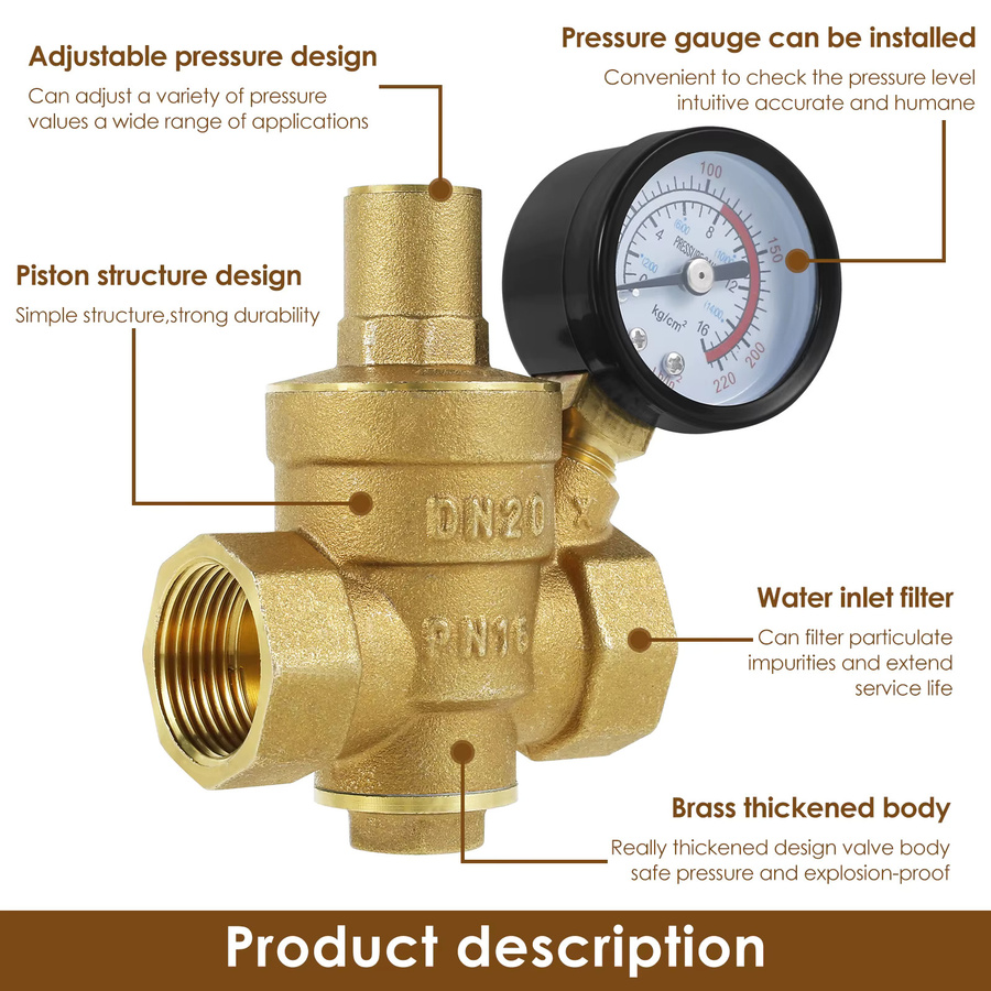 Einstellbarer Wasserdruckminderer aus Messing in Gold, DN20 3/4 Zoll und DN15 1/2 Zoll - Bild 2